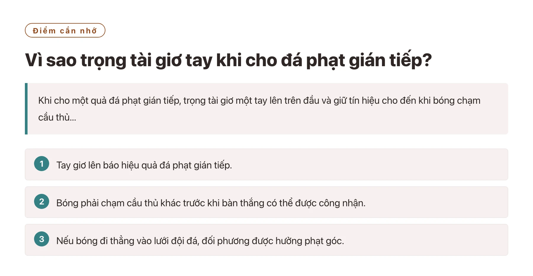 Vì sao trọng tài giơ tay khi cho đá phạt gián tiếp?——全文要点速览
